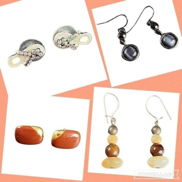 Vintage Jewelry - VINTAGE Costume Jewelry- Gold Silver Tone Beaded Gem Stone Pierced Earrings Lot